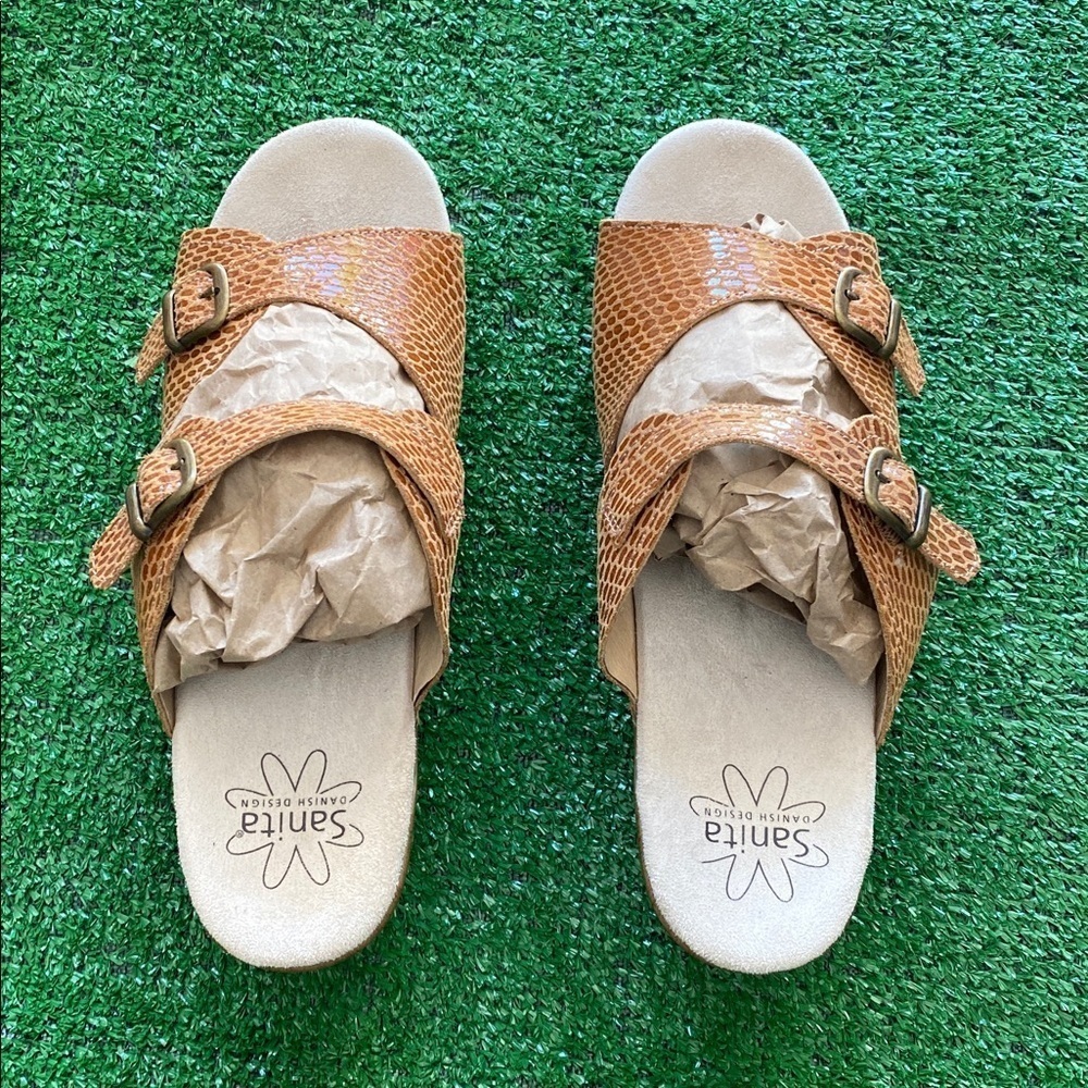 Sanita Deborah Brown Leather Snakeskin Clog Slide Sandals Size 42 Danish Comfort